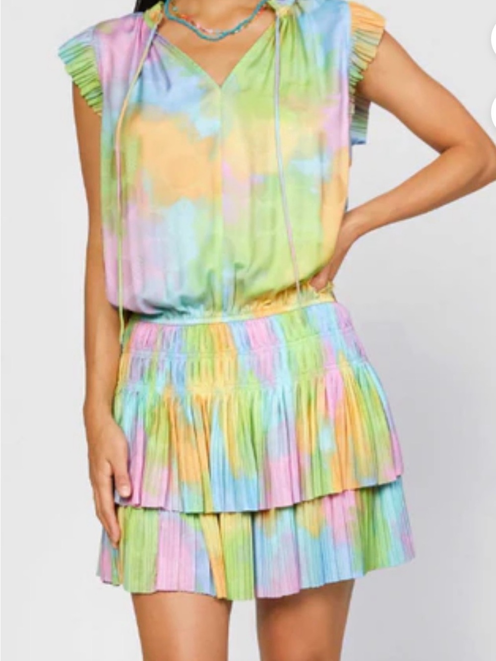 MINI DRESS WITH PLEATED SKIRT & SHORT SLEEVE - COTTON CANDY